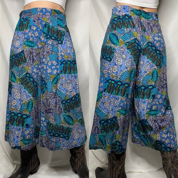 Vintage batik geometric patchwork print wide leg crop culotte palazzo pants blue - Picture 13 of 17
